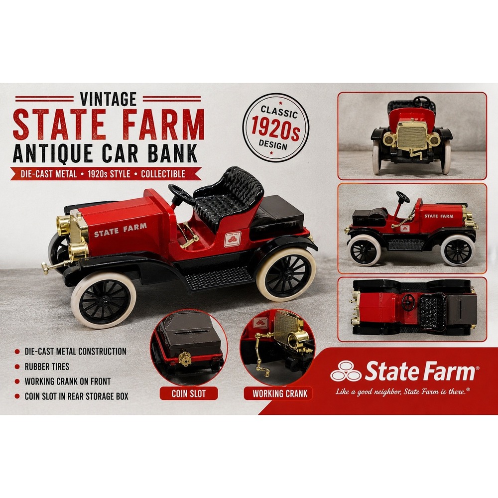 Vintage State Farm Insurance Diecast Metal Antique Car Coin Bank Red Black 6in